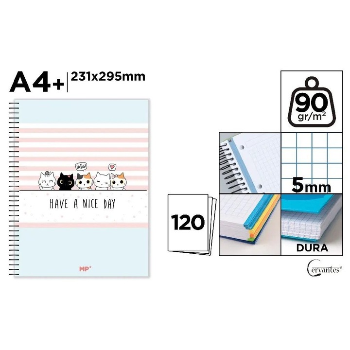 Caiet A4+ Cervantes 120 file, colturi rotunjite, model pisici