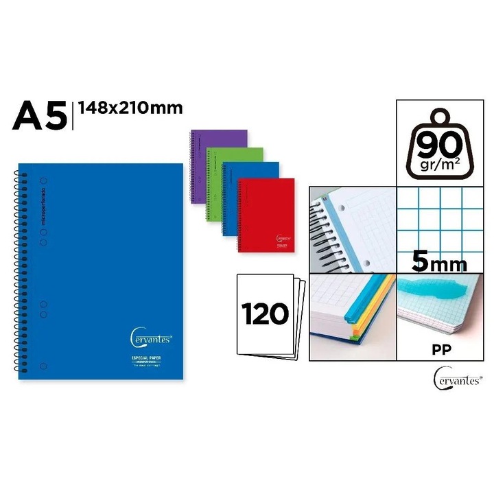 Caiet A5 Cervantes 120 file, colturi rotunjite, carouri, multicolor