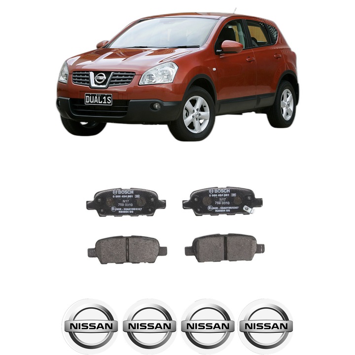 Set placute frana Spate NISSAN QASHQAI I (J10, NJ10) 2.0 dCi din 2007-2013, KW 110 CP 150 CMC 1995, Auto, Bosch, 4 Stickere auto cu NISSAN