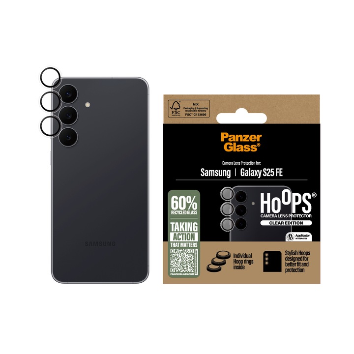 Protector de sticlă pentru cameră PanzerGlass pentru Samsung Galaxy S25 FE, Hoops, Transparent