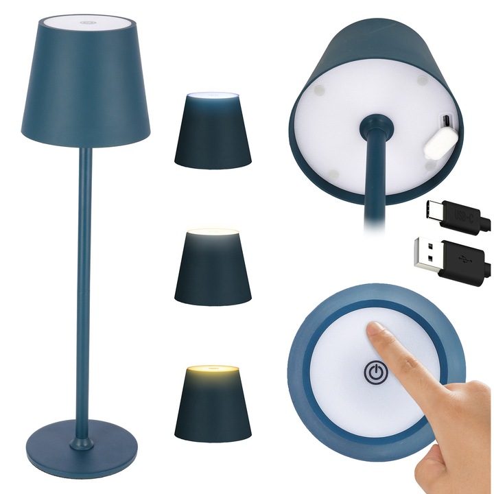 Lampa LED de birou JUMI, 38,5x10x10cm, fara fir, 3 culori de lumina, albastra