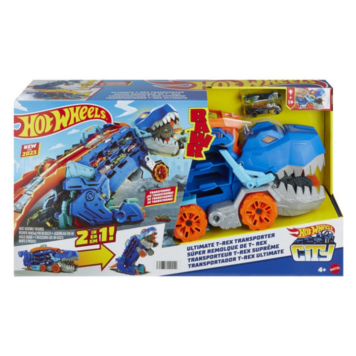 Transportor auto transformabil Hot Wheels Ultimate T-Rex, set cu 2 masinute, cu lumina si sunet, 61x33x11cm