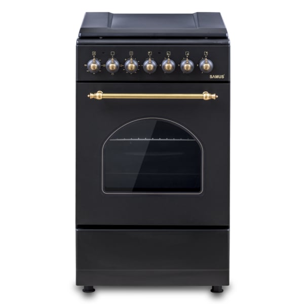 Aragaz mixt Samus, 3 plite pe gaz + 1 electric, cuptor electric 48L, capacitate 2200W, 60cm, design rustic