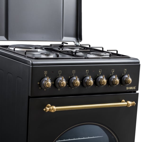 Aragaz mixt Samus, 3 plite pe gaz + 1 electric, cuptor electric 48L, capacitate 2200W, 60cm, design rustic