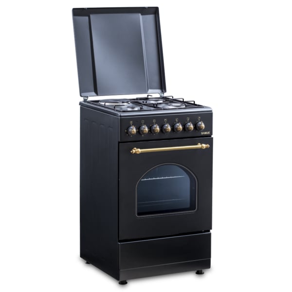 Aragaz mixt Samus, 3 plite pe gaz + 1 electric, cuptor electric 48L, capacitate 2200W, 60cm, design rustic