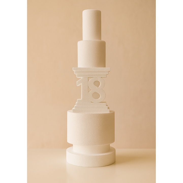 Macheta tort polistiren 18 ani, BLA BLA FOAM®, alb, 6 etaje, (80 cm H), dimensiuni 28 –10 cm, decor aniversar si majorat, ideal pentru candy bar, petreceri tematice si sedinte foto