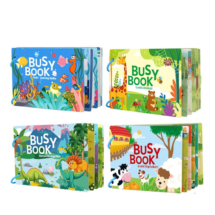 Set 4 carti ilustrate educationale cu abtibilduri, activitati de invatare, 10 pagini, coperta cartonata, pentru varste intre 3-7 ani