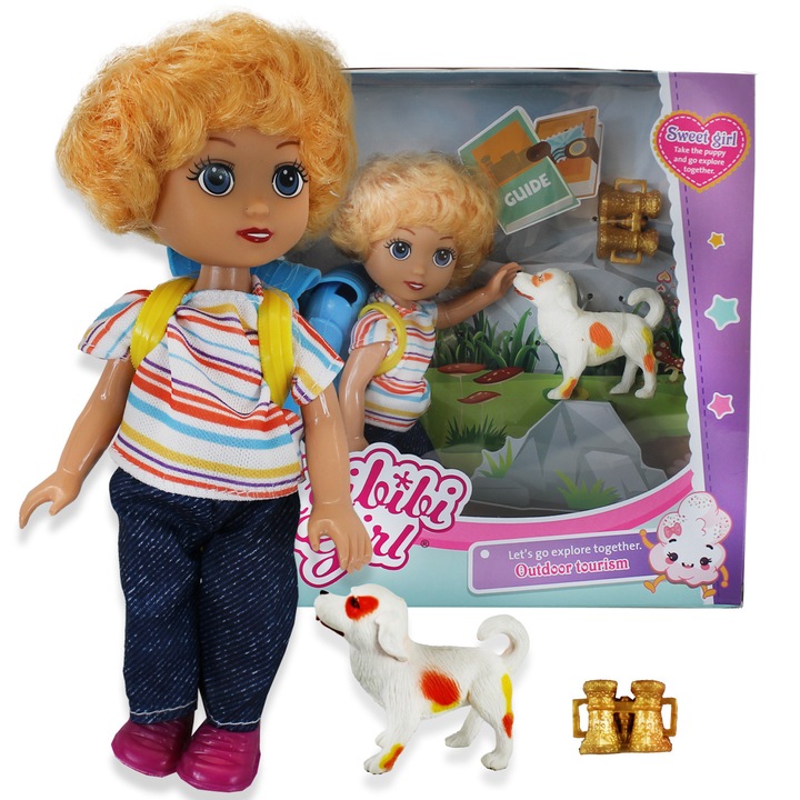 Utazó babakészlet kutyával, hátizsákkal és távcsővel, Ciuciubabka, 15,5 cm, többszínű