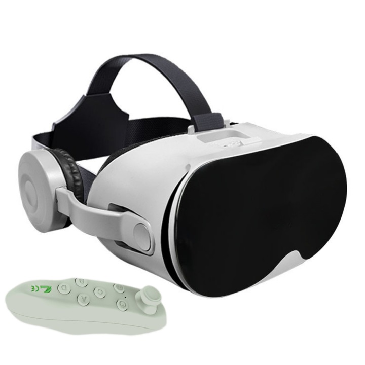 VR очила за мобилен телефон, съвместими с телефони до 6,7 инча, регулиране на зеницата и фокуса, Bluetooth слушалки, анти-синя светлина, меки възглавнички за продължителен комфорт, устойчив ABS корпус, 40 мм PMMA лещи, бели
