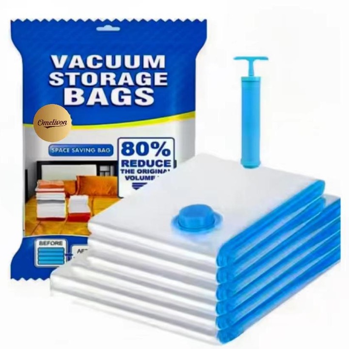Set 6 Saci de Vidat Haine Pentru Depozitare, Pompa Inclusa, Omelivon@, Marimi 50x70*2/60x80*2/80x100cm*1, Vidare prin Vacuum, Usor de Folosit, Transparent