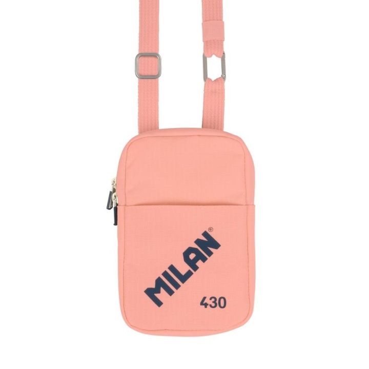 Geanta de umar roz Milan since 1918, cu doua buzunare externe, dimensiuni 19x12,8x2,3cm