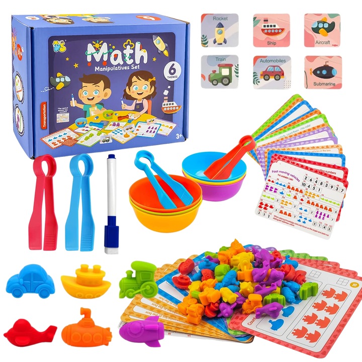 Set educativ Import ProNice, mijloace de transport, abilitati matematice, recunoasterea culorilor, 23,5x17,3x6,4cm
