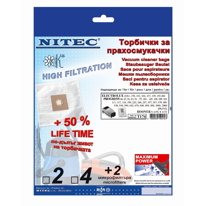 Saci pentru aspiratoare, NITEC, cod T174, 4 saci, compatibilitatea este mentionata pe ambalaj