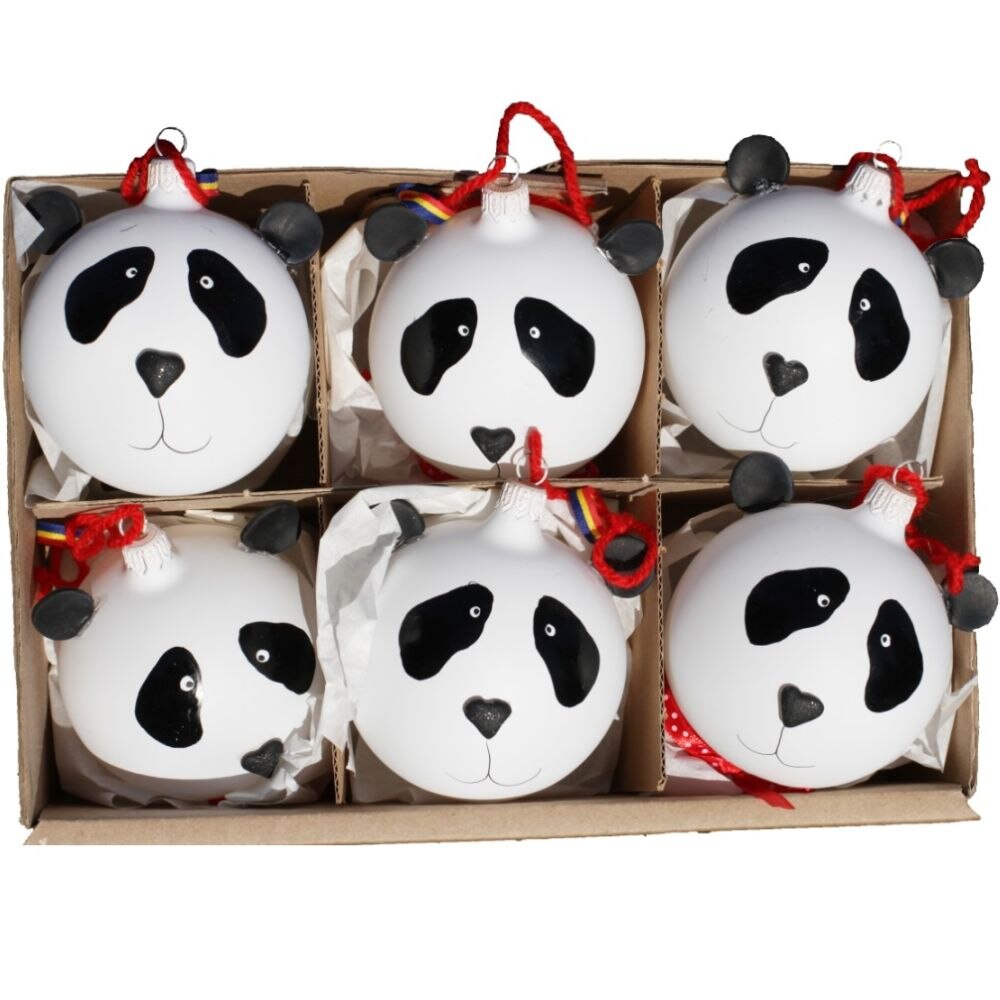 Set 6 globuri din sticla 8 cm in forma de urs Panda, decoratiuni Craciun lucrate manual