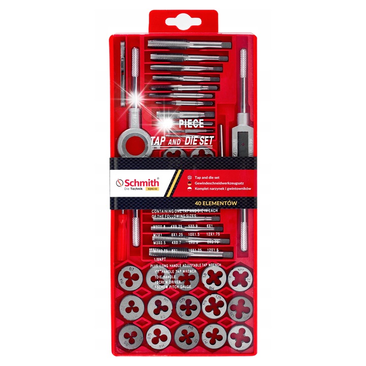 Комплект матрици и метчици 40 части Schmith, различни размери, кутия за съхранение