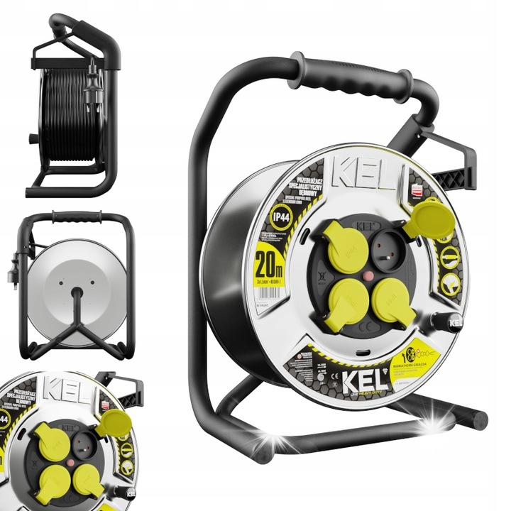 Удължител на макара Kel, 30м, 4 контакта, IP44, черен