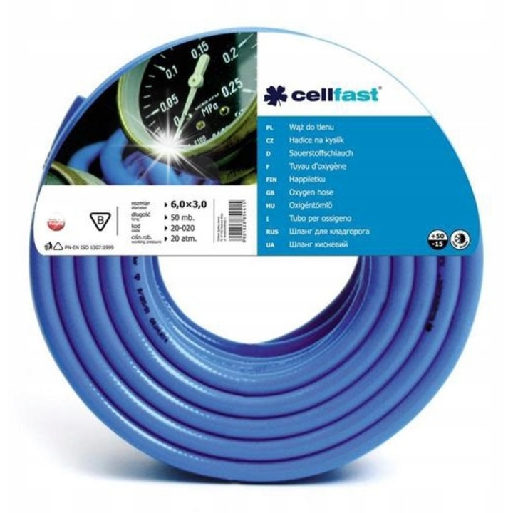 Маркуч за кислород, Cellfast, 6х3мм, 80м, син, устойчив на температури -15/+50°C