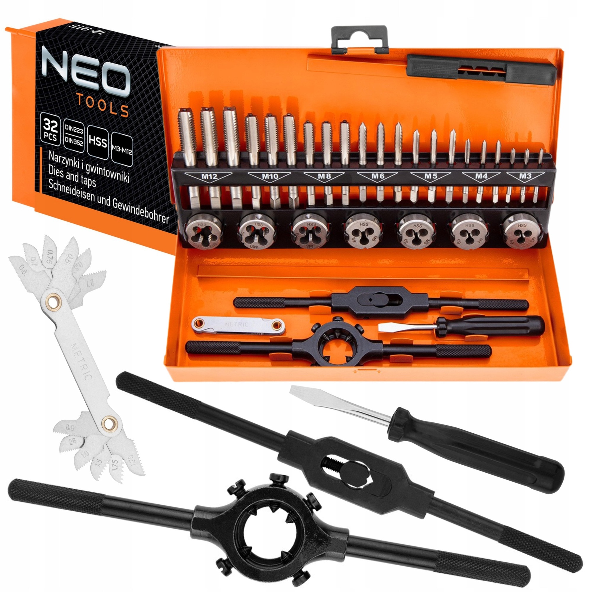 Set 32 matrice si tarozi M3-M12 HSS in valiza, NEO TOOLS - eMAG.ro