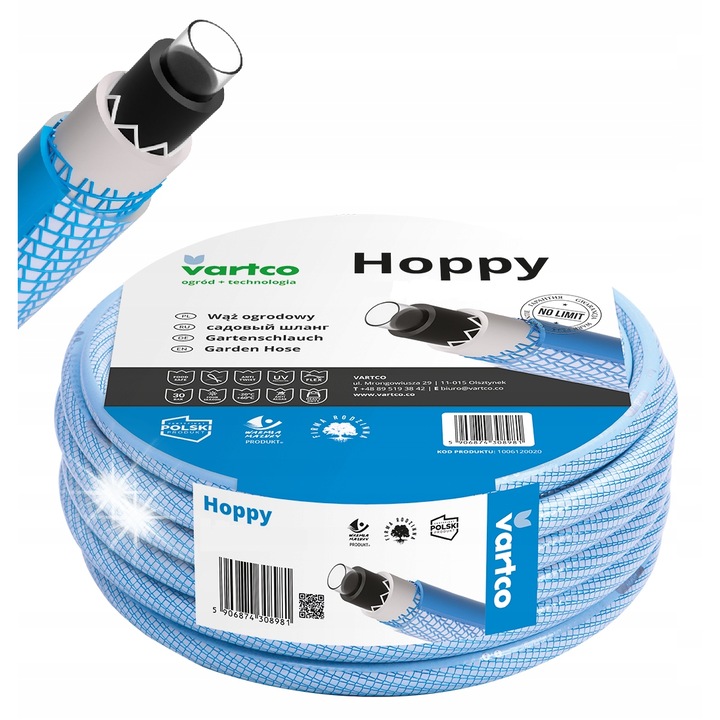 Градински маркуч Vartco Hoppy 3/4'' 30M, 6 слоя, UV устойчив, еластичен