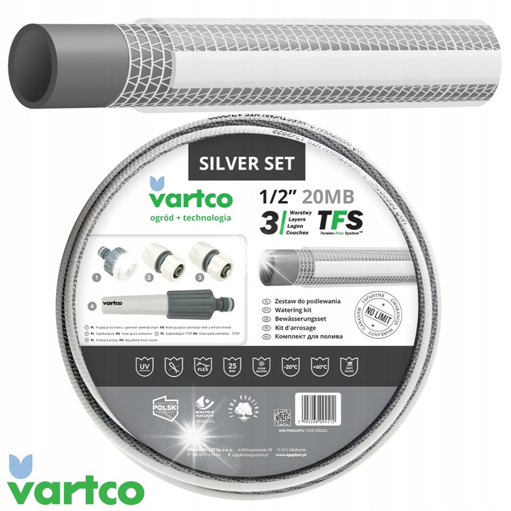 Комплект градински маркуч Vartco Silver TFS 1/2" 20м, 3-слоен, сив с бял, включени аксесоари