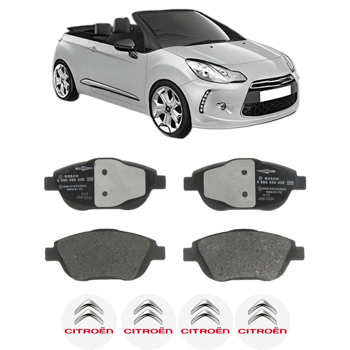 Set placute frana Fata CITROEN DS3 Convertible 1.6 BlueHDi 120 din 2014-2015, KW 88 CP 120 CMC 1560, Auto, Bosch, 4 Stickere auto cu CITROEN