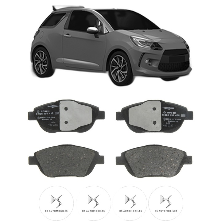 Set placute frana Fata DS DS 3 Convertible (SB_) 1.6 BlueHDi 120 din 2015-2019, KW 88 CP 120 CMC 1560, Auto, Bosch, 4 Stickere auto cu DS