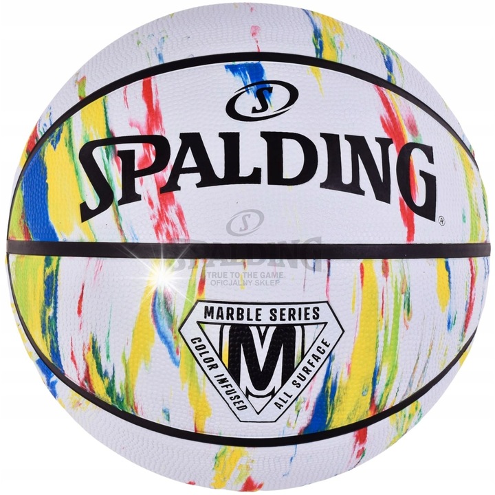 Minge de baschet Spalding Marble, 7, alb-rosu-galben-albastru, pentru exterior, material cauciuc