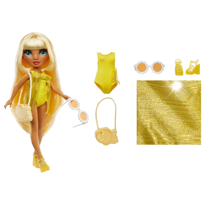 Papusa Rainbow High Sunny Madison, costum de baie galben, accesorii, set 28cm