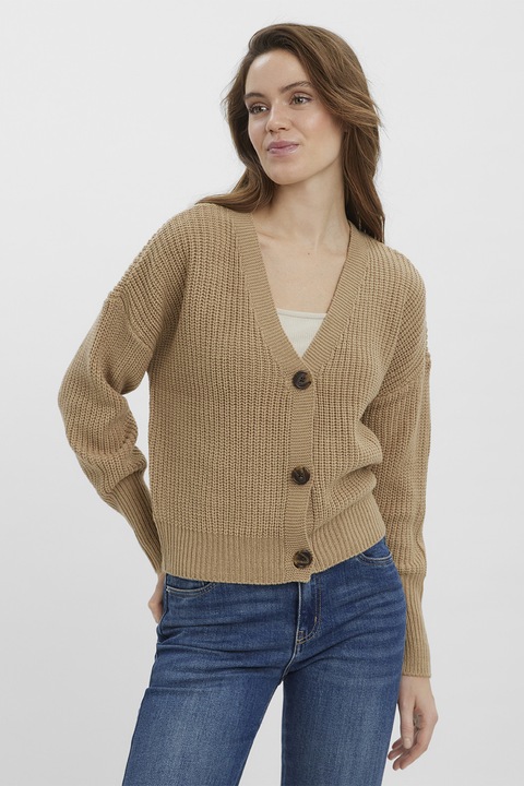 Vero Moda, Cardigan cu decolteu in V si nasturi, Maro camel