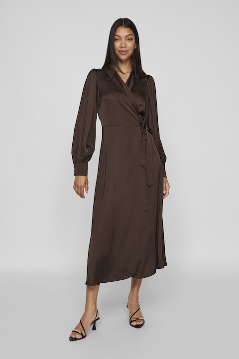 Vila, Rochie midi de satin cu model petrecut, Maro inchis