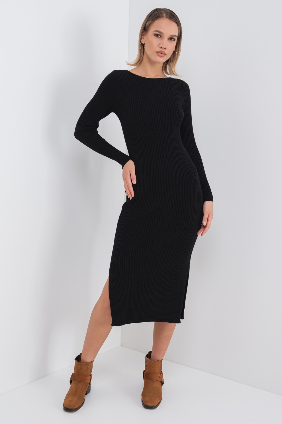 Only, Rochie cu striatii, maneci lungi si slit lateral, Negru, L