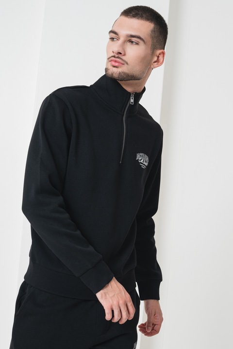 Jack & Jones, Bluza de trening cu fenta cu fermoar, Negru/Alb optic