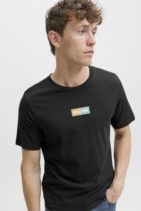 Jack & Jones, Kerek nyakú pamutpóló logóval, Fekete