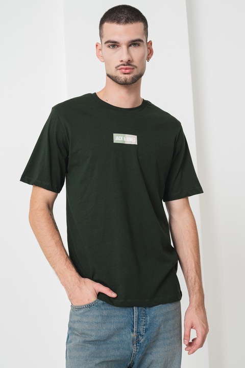 Jack & Jones, Kerek nyakú pamutpóló logóval, Angolzöld