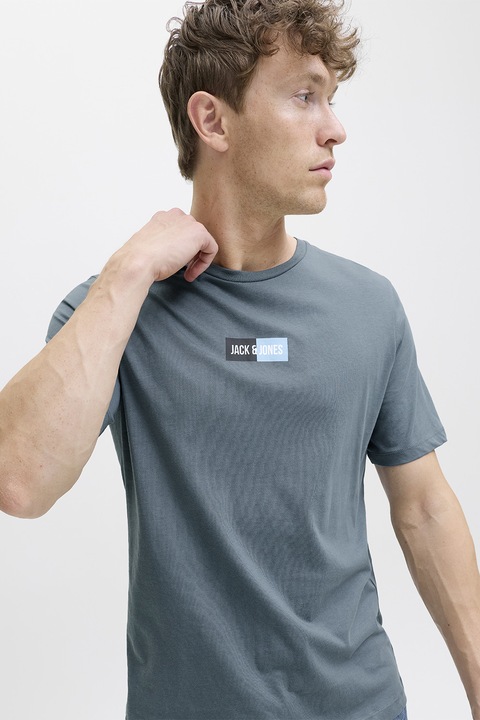 Jack & Jones, Kerek nyakú pamutpóló logóval, Púderkék