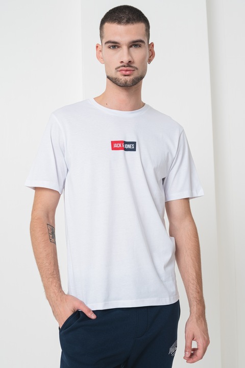 Jack & Jones, Kerek nyakú pamutpóló logóval, Piros/Koptatott fekete/Fehér