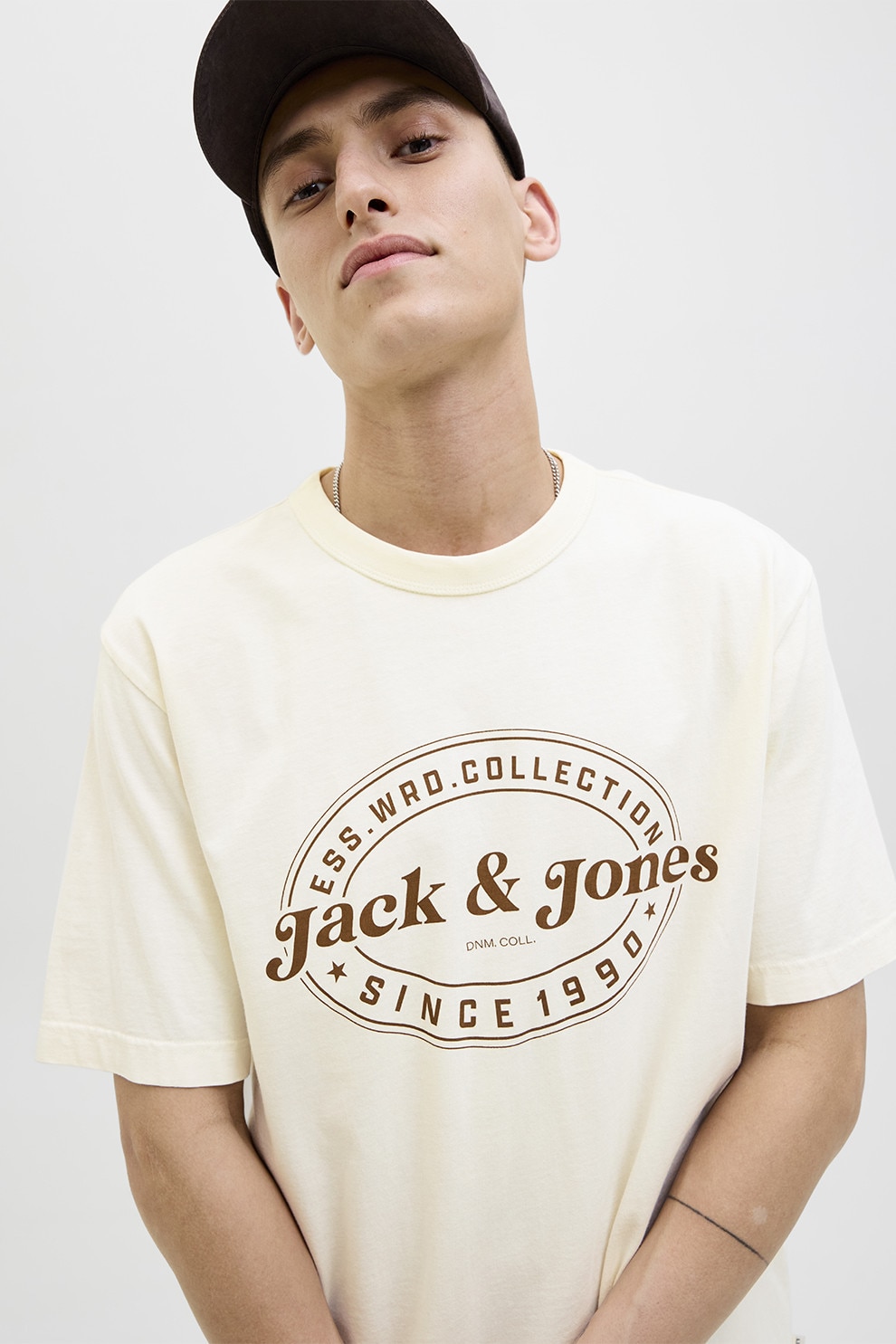 Jack & Jones, Tricou cu imprimeu si maneci cazute, Maro inchis, Crem, L
