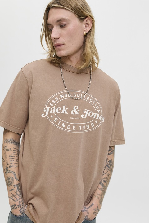 Jack & Jones, Ejtett ujjú póló mintával, Fehér/Tópbarna