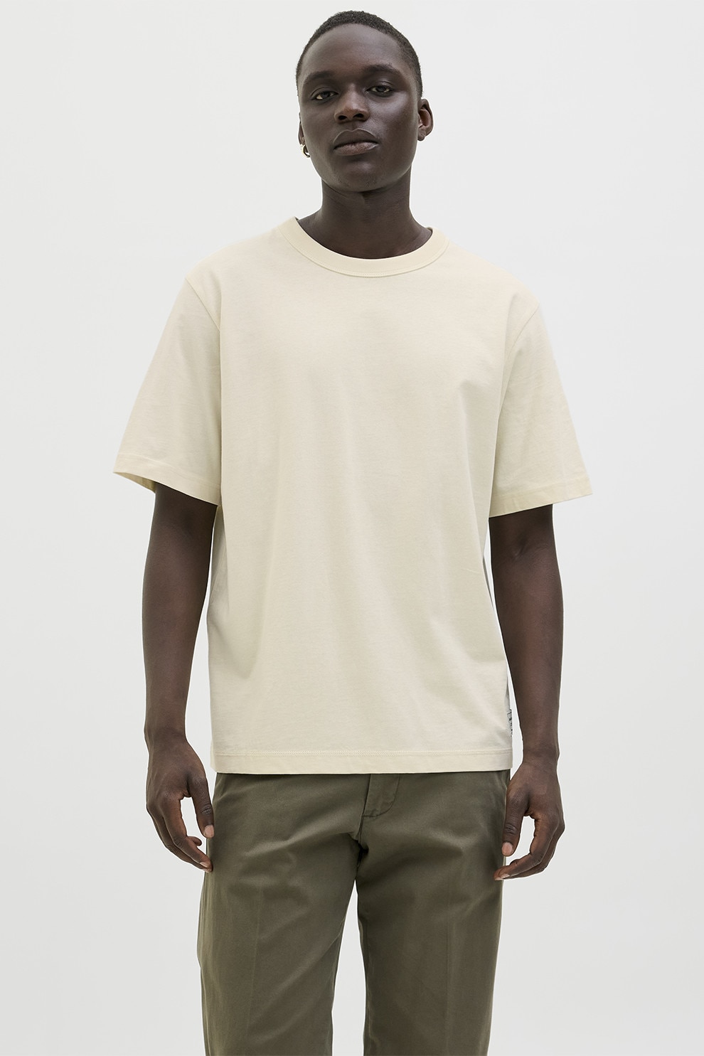 Jack & Jones, Tricou de bumbac cu decolteu la baza gatului, Alb fildes, L