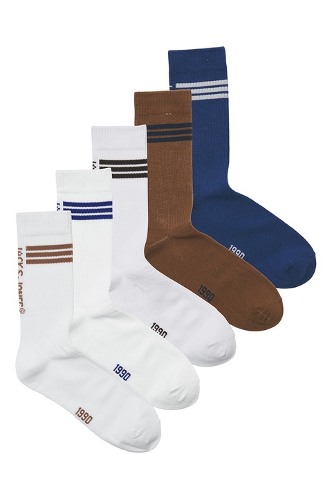 Jack & Jones, Set de sosete lungi - 5 perechi, Alb/Maro scortisoara/Albastru, One Size