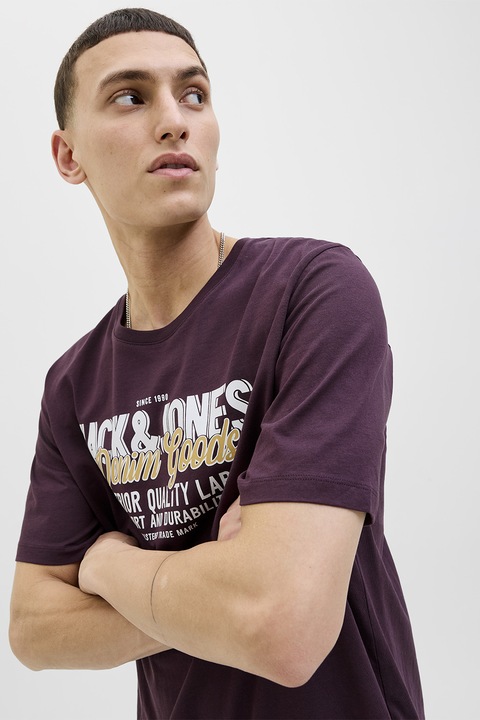 Jack & Jones, Tricou din bumbac organic cu imprimeu, Alb/Galben/Violet pruna