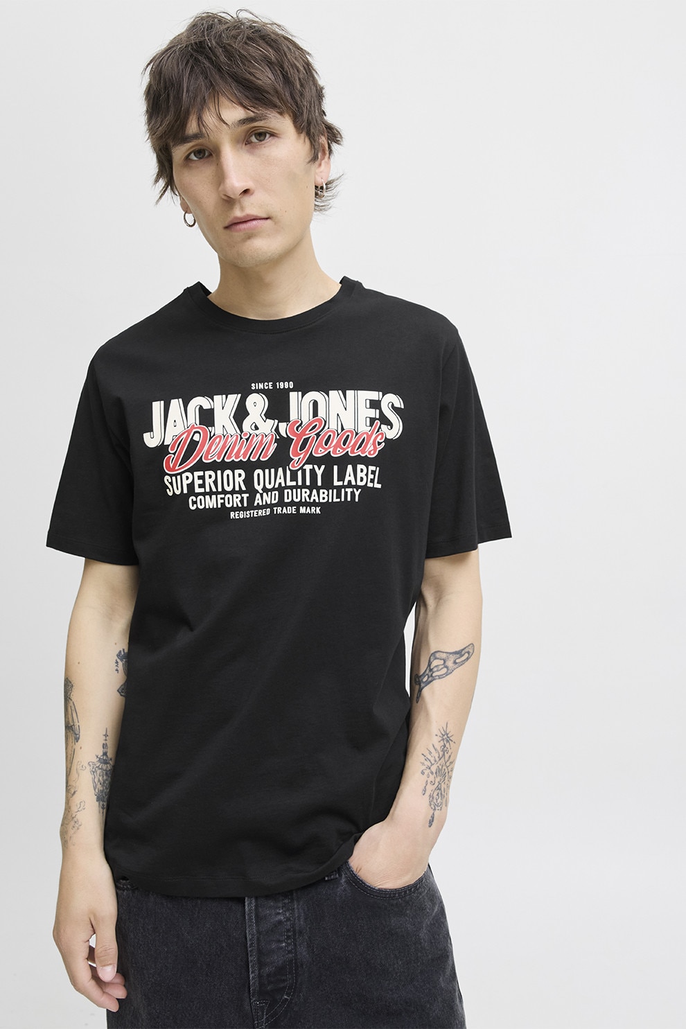 Jack & Jones, Tricou din bumbac organic cu imprimeu, Alb, Negru, Coral, XL
