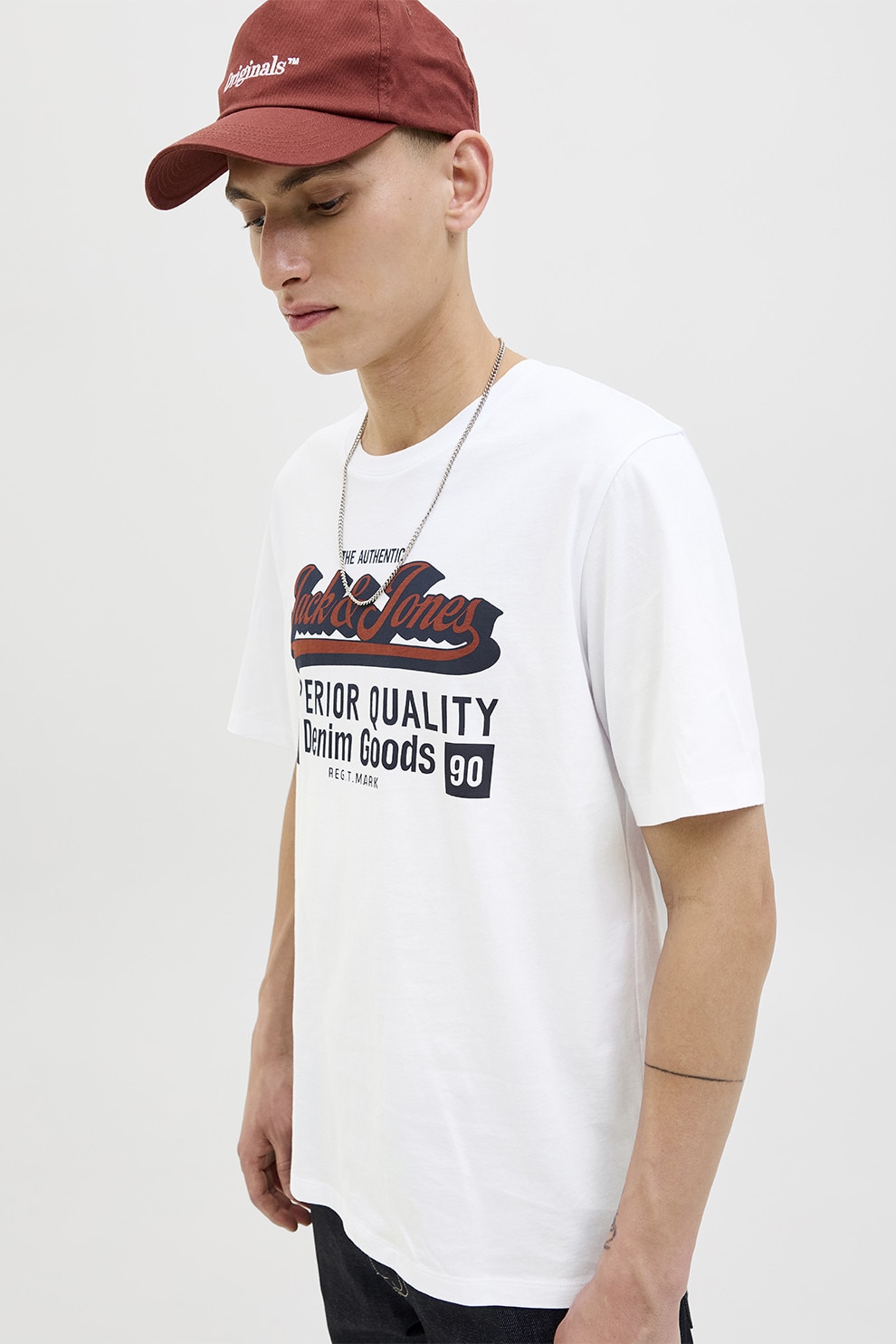 Jack & Jones, Tricou din bumbac organic cu imprimeu, Alb, Visiniu, Negru, L