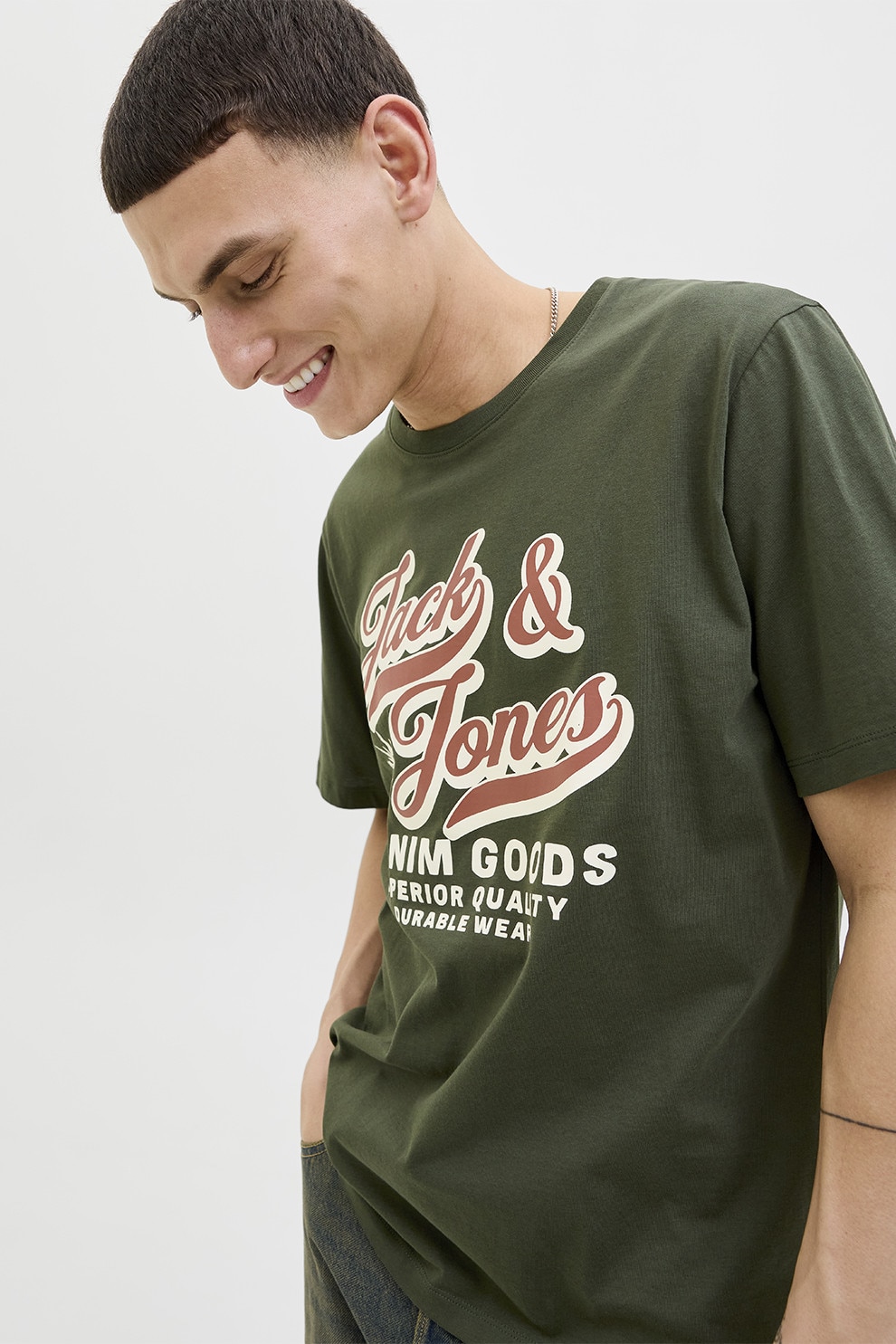 Jack & Jones, Tricou din bumbac organic cu imprimeu, Alb, Visiniu, verde militar prafuit, L