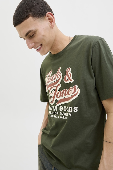 Jack & Jones, Tricou din bumbac organic cu imprimeu, Alb/Visiniu/Kaki pal