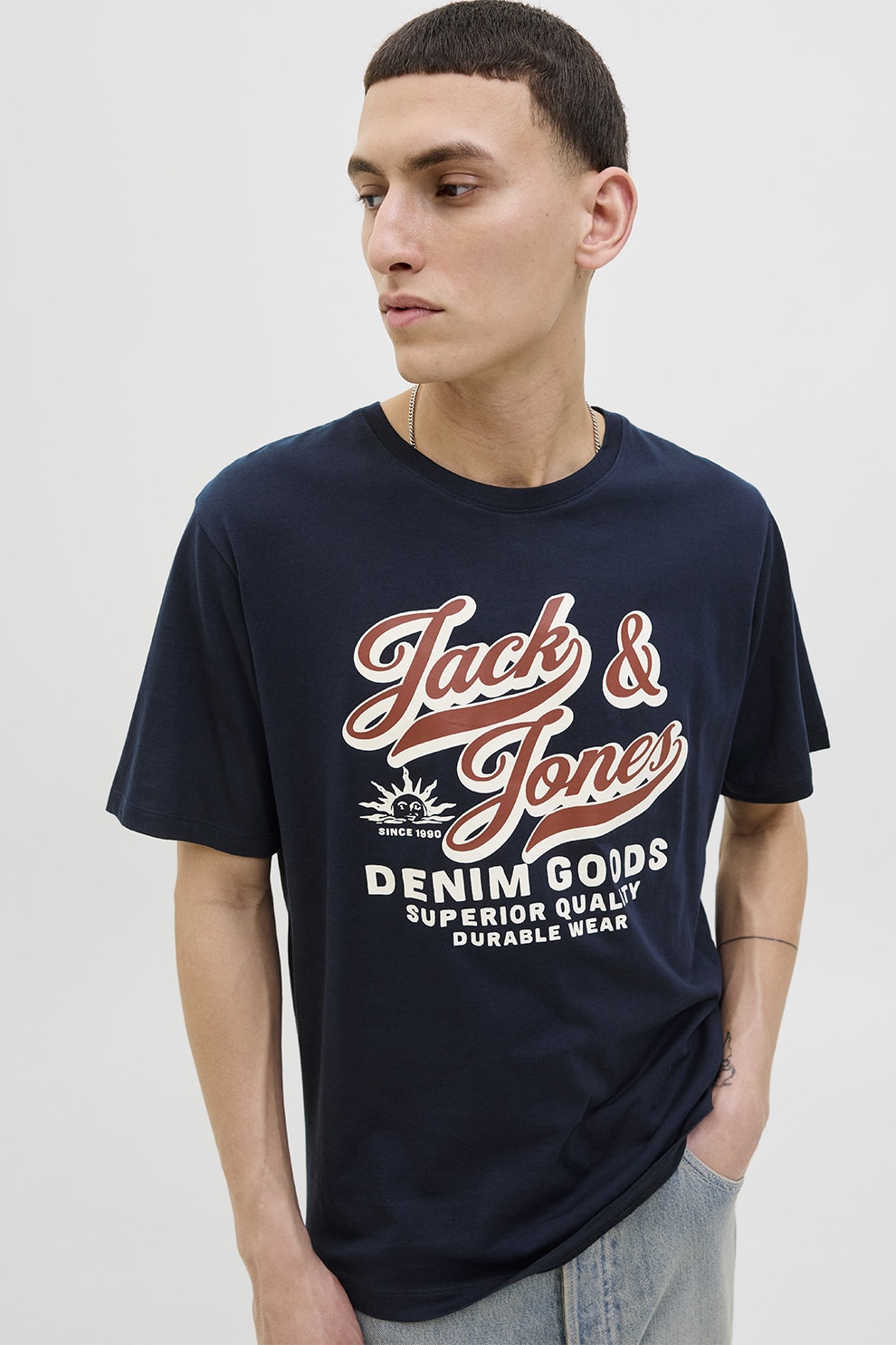 Jack & Jones, Tricou din bumbac organic cu imprimeu, Alb, Visiniu, Bleumarin, M