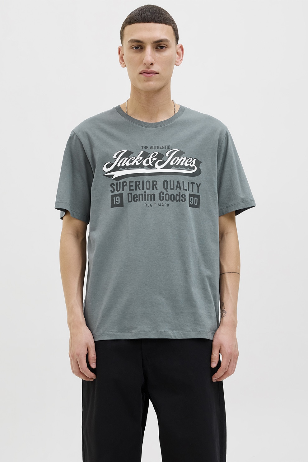 Jack & Jones, Tricou din bumbac organic cu imprimeu, Alb, Verde spranghel, L