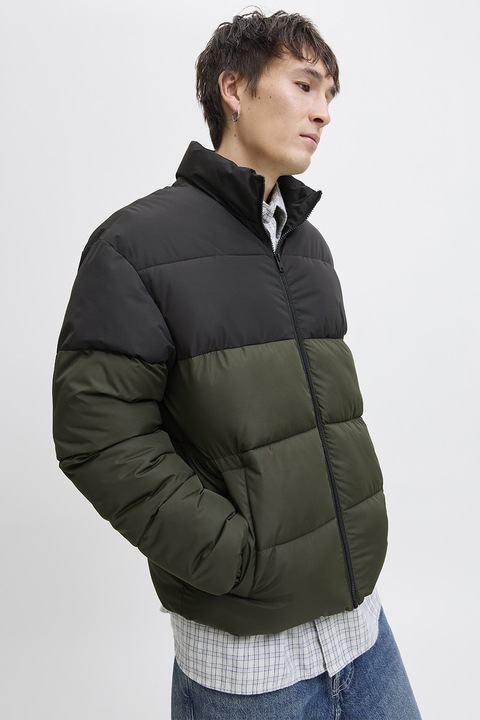 Jack & Jones, Jacheta cu vatelina si guler, Negru/Kaki pal