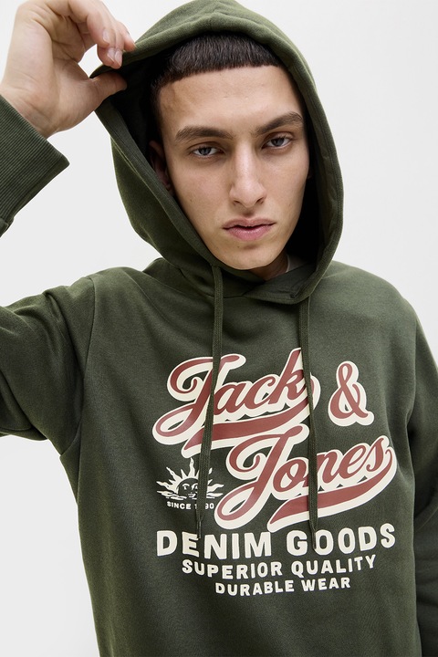 Jack & Jones, Hanorac din amestec de bumbac organic cu logo, Alb/Visiniu/Kaki pal