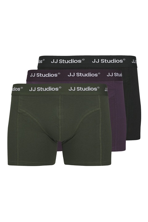 Jack & Jones, Set de boxeri din amestec de bumbac organic - 3 perechi, Verde/Negru/Violet